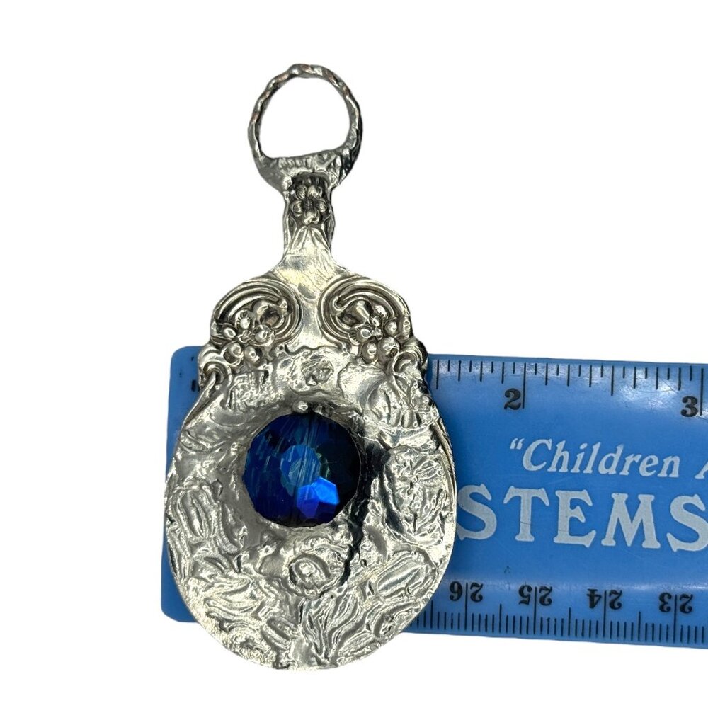 Vintage Daisy 1910 Silver Plated Spoon Pendant Necklace W/ Blue Crystal & Suede - Picture 7 of 12